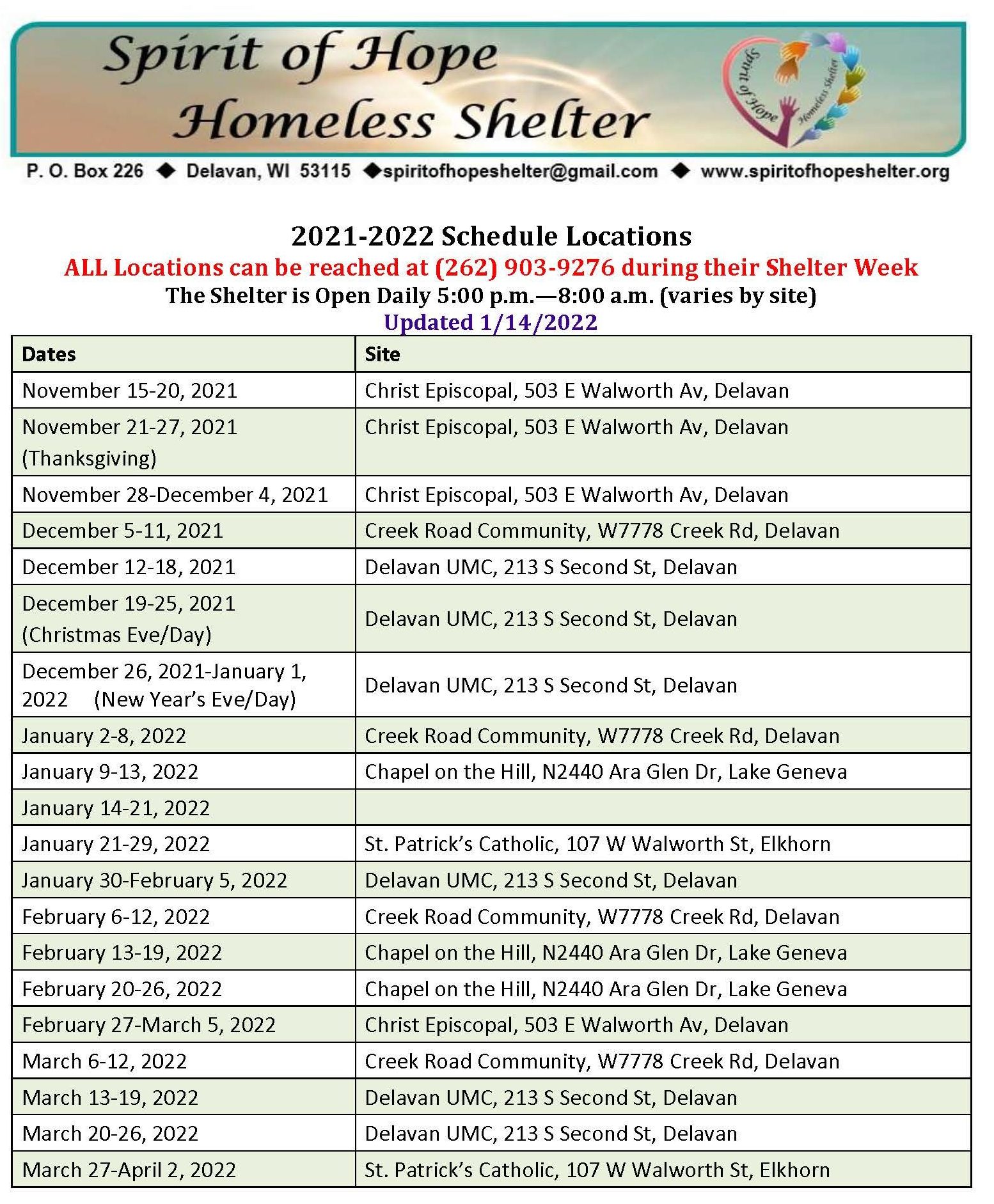 ScheduleLocations20212022 Spirit of Hope Homeless Shelter
